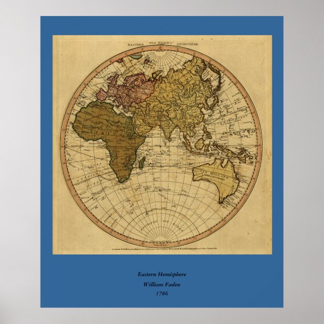 Antique William Faden 1786 Eastern Hemisphere Map Poster (Front)
