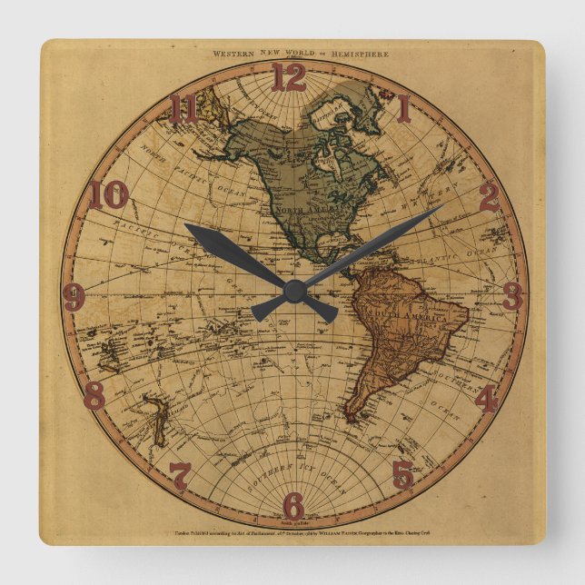 Antique William Faden 1786 Western Hemisphere Map Square Wall Clock (Front)