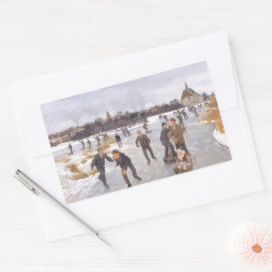 Antique Winter Ice Skating Scene Village Fine Art Rectangular Sticker