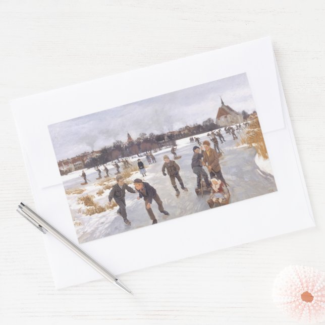 Antique Winter Ice Skating Scene Village Fine Art Rectangular Sticker (Envelope)