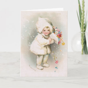 Antique Winter Snow Baby & Flowers Greeting Card