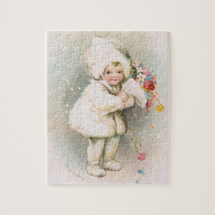 Antique Winter Snow Baby & Flowers Puzzle