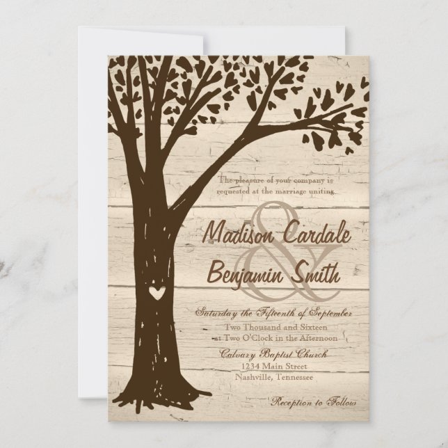 Antique Wood Carved Heart Tree Wedding Invites (Front)