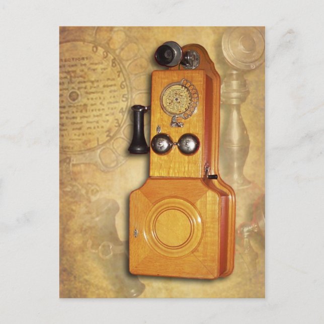 Antique wooden wall telephone postcard (Front)