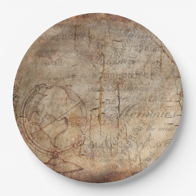 Antique World Globe Rustic Brown Paper Plates (Front)