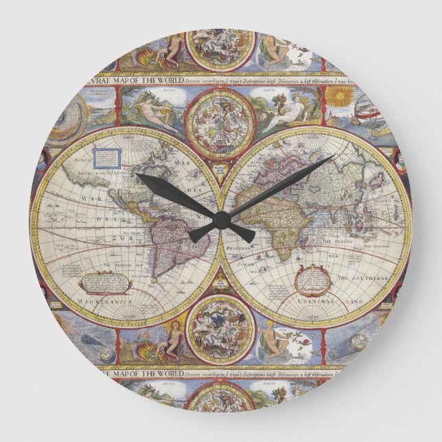 Antique World Map 1626 Illustrated Cartography Large Clock (Front)