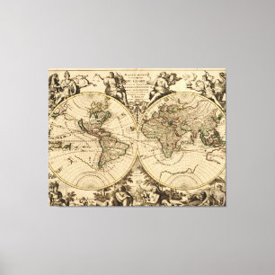 Antique World Map, 1694, by Alexis Hubert Jaillot Canvas Print