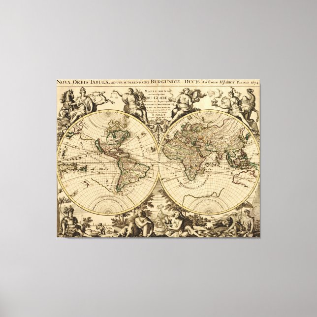 Antique World Map, 1694, by Alexis Hubert Jaillot Canvas Print (Front)