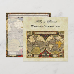 Antique World Map #2, Distressed BG #3 SQ Wedding Invitation