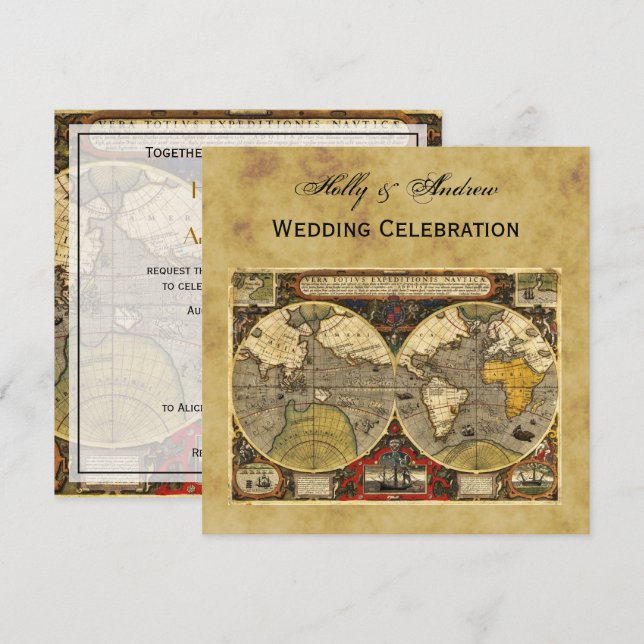 Antique World Map #2, Distressed BG SQ Wedding Invitation (Front/Back)