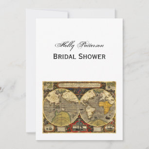 Antique World Map #2, DIY White BG V Bridal Shower Invitation