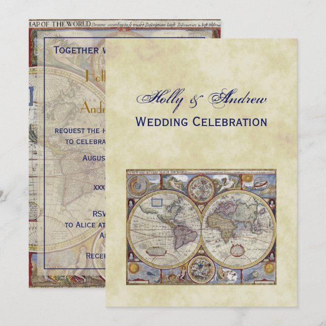 Antique World Map #3, Distressed BG #3 Invitation (Front/Back)