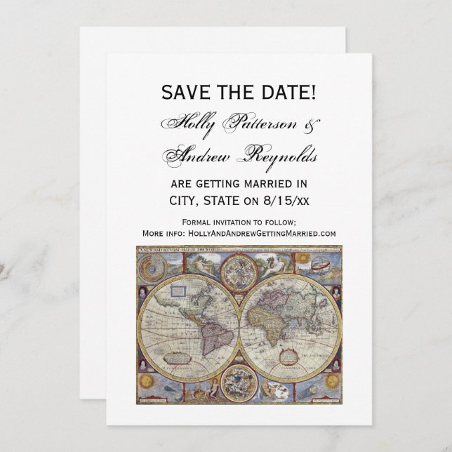 Antique World Map #3 Save the Date Invitation (Front/Back)