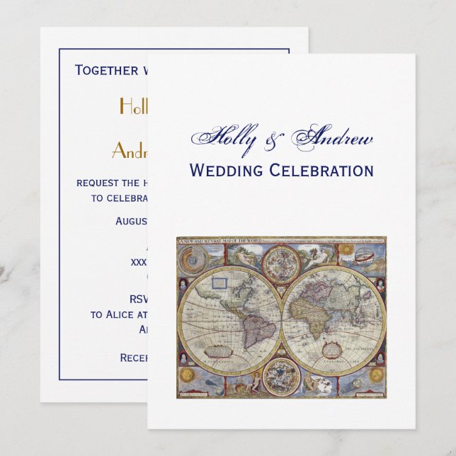 Antique World Map #3 Wedding Invitation (Front/Back)