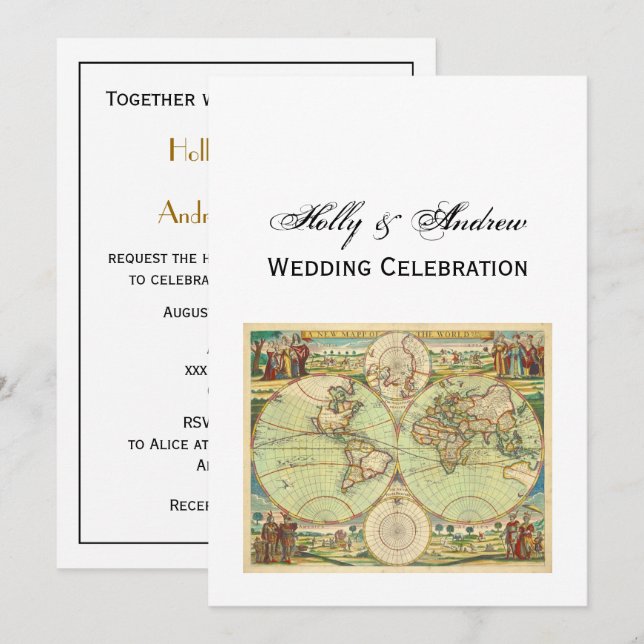 Antique World Map #4 Invitation (Front/Back)