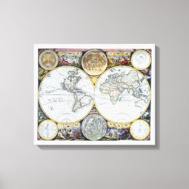 Antique World Map, Atlas Maritimus by John Seller Canvas Print (Front)