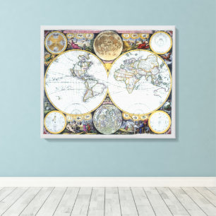 Antique World Map, Atlas Maritimus by John Seller Canvas Print