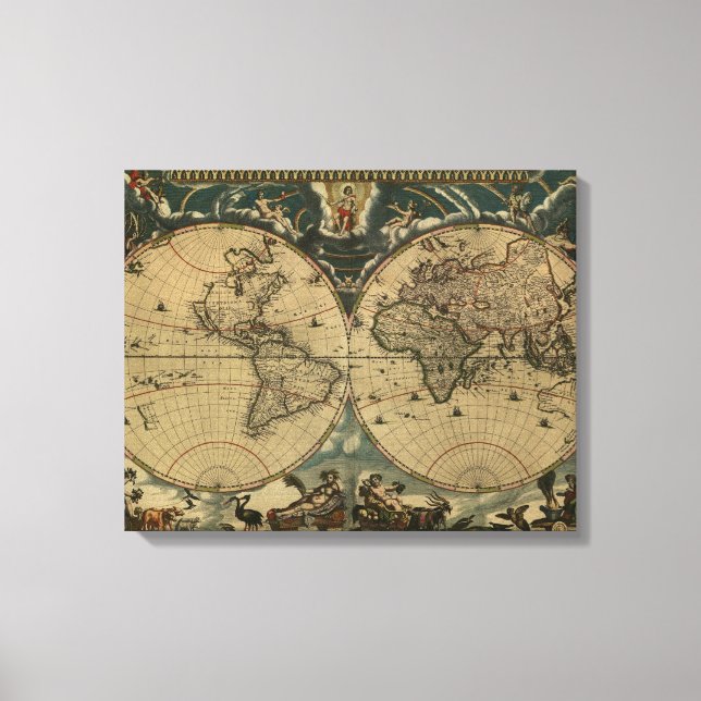 Antique World Map by Joan Blaeu, circa 1664 Canvas Print (Front)