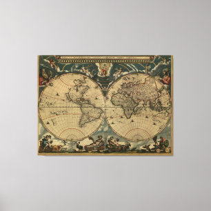 Antique World Map by Joan Blaeu, circa 1664 Canvas Print