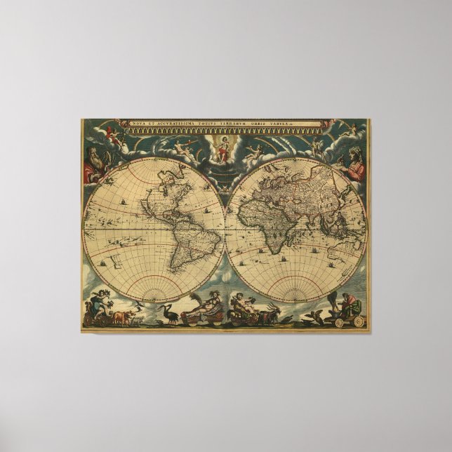 Antique World Map by Joan Blaeu, circa 1664 Canvas Print (Front)