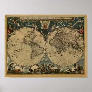 Antique World Map by Joan Blaeu, circa 1664 Poster