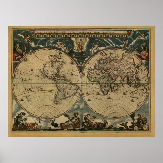 Antique World Map by Joan Blaeu, circa 1664 Poster (Front)