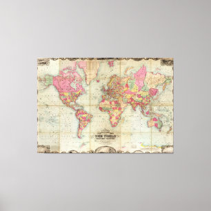 Antique World Map by John Colton, circa 1854 Canvas Print