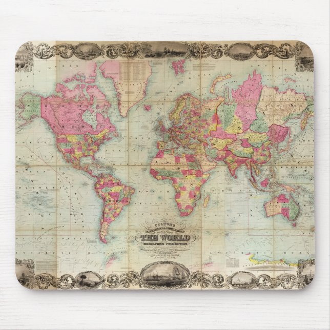Antique World Map by John Colton, circa 1854 Mouse Mat (Front)