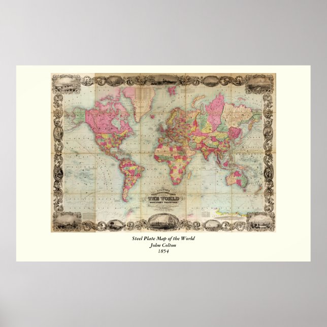 Antique World Map by John Colton, circa 1854 Poster (Front)