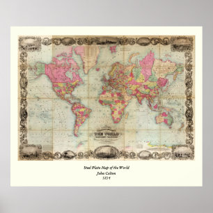 Antique World Map by John Colton, circa 1854 Poster