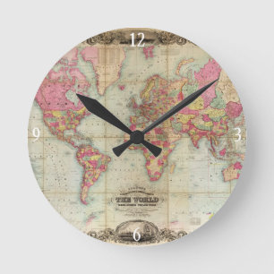 Antique World Map by John Colton, circa 1854 Round Clock
