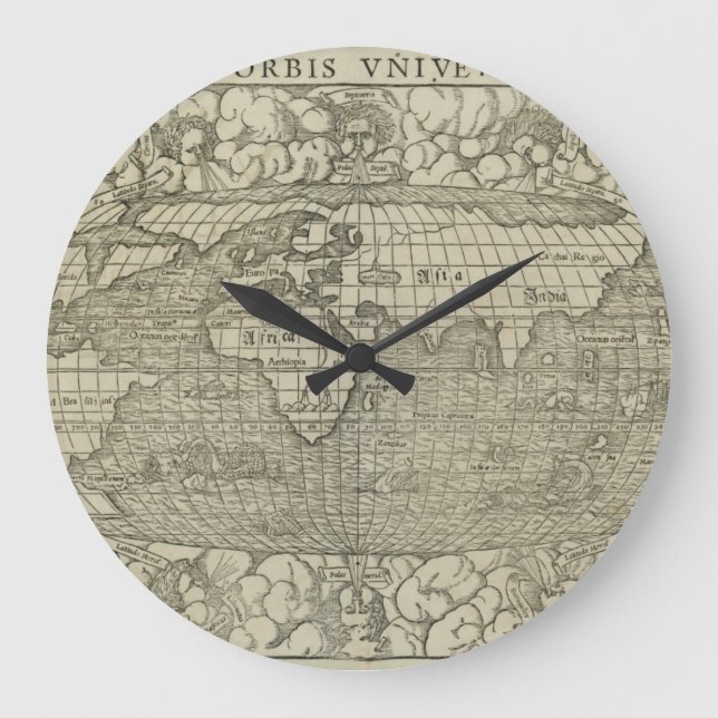 Antique World Map by Sebastian Münster circa 1560 Large Clock (Front)