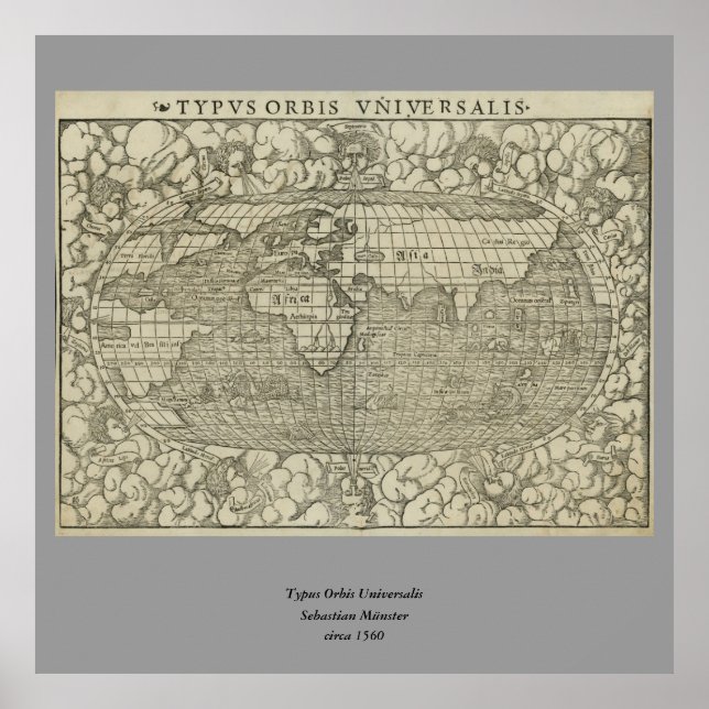 Antique World Map by Sebastian Münster circa 1560 Poster (Front)