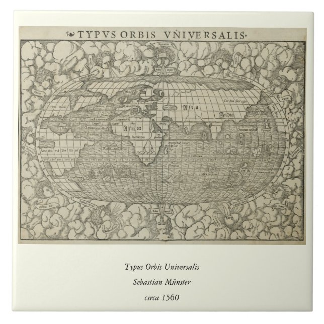 Antique World Map by Sebastian Münster circa 1560 Tile (Front)