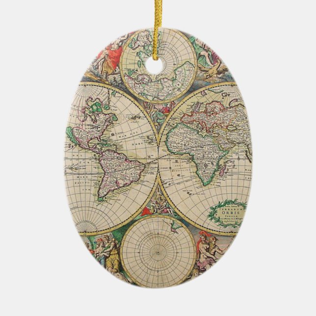 Antique World Map Ceramic Tree Decoration (Front)