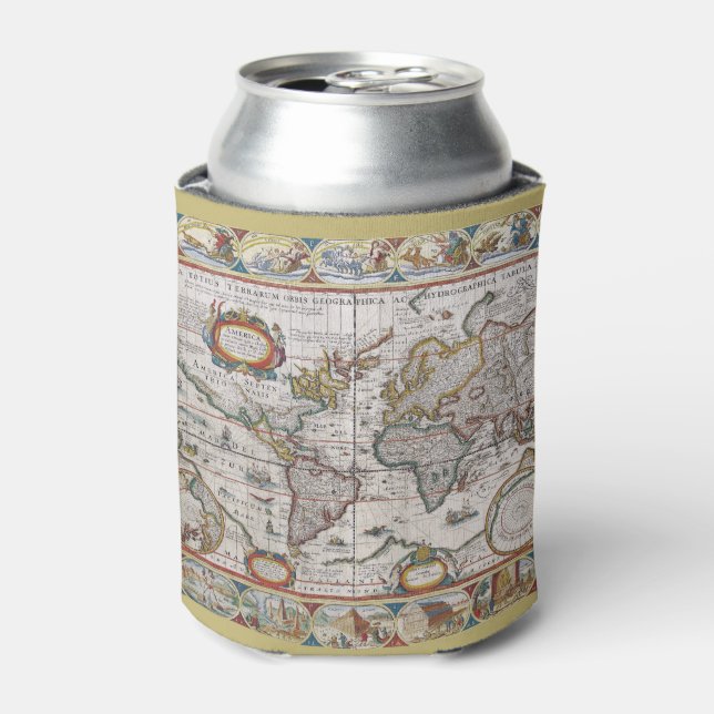 Antique World Map custom monogram can cooler (Can Front)