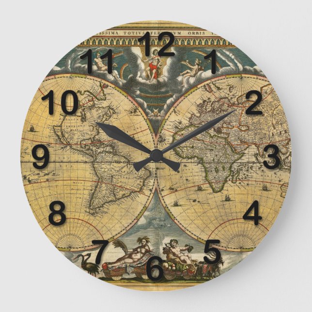Antique World Map Distressed #2 Large Clock (Front)