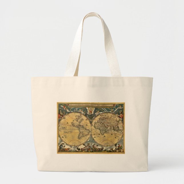 Antique World Map Distressed #2 Large Tote Bag (Front)