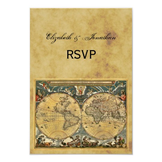 Antique World Map, Distressed BG RSVP Card