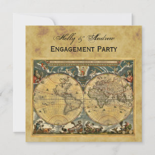 Antique World Map, Distressed BG SQ Engagement Invitation