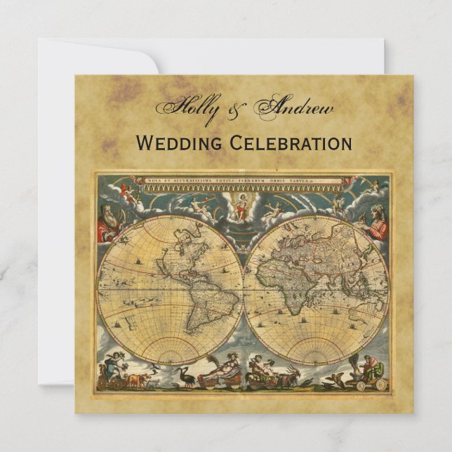 Antique World Map, Distressed BG SQ Wedding Invitation (Front)