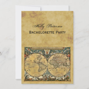 Antique World Map, Distressed BG V Bachelorette Invitation
