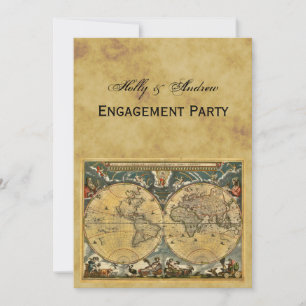 Antique World Map, Distressed BG V Engagement Invitation