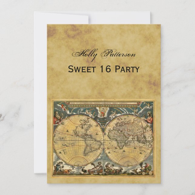 Antique World Map, Distressed BG V Sweet 16 Invitation (Front)