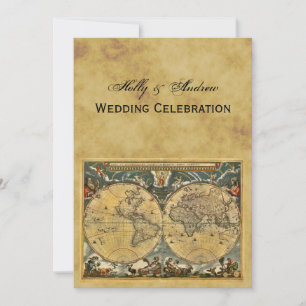 Antique World Map, Distressed BG V Wedding Invitation