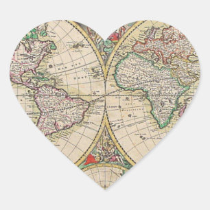 Antique World Map Heart Sticker