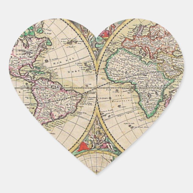Antique World Map Heart Sticker (Front)