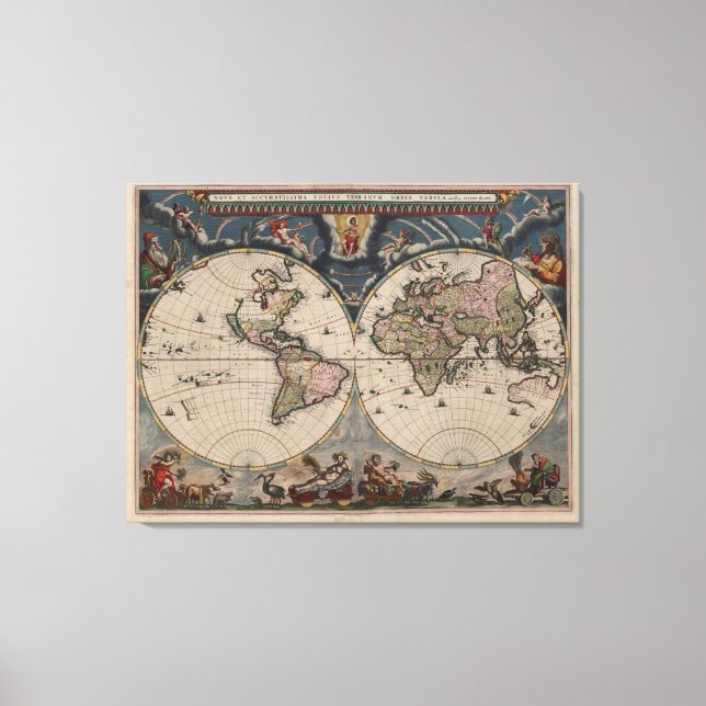 Antique World Map: Historical Cartography Art Canvas Print (Front)