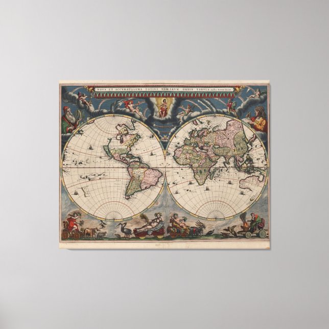 Antique World Map: Historical Cartography Art Canvas Print (Front)