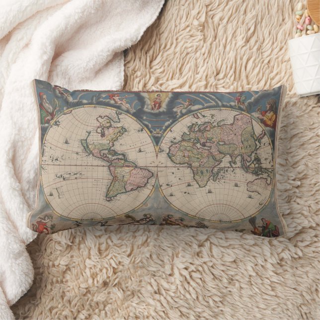 Antique World Map: Historical Cartography Art Lumbar Cushion (Blanket)